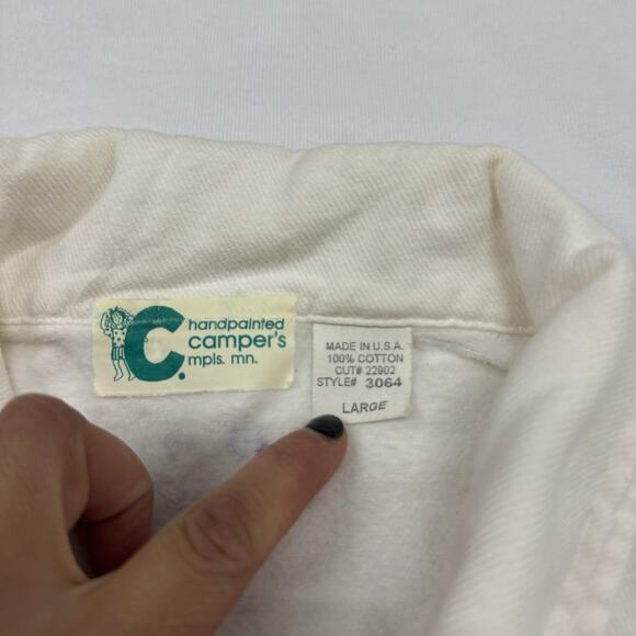 Vtg Fish Tropical Print Denim Jacket Handpainted Camper's Size L Kidcore Whimsy - Picture 3 of 9